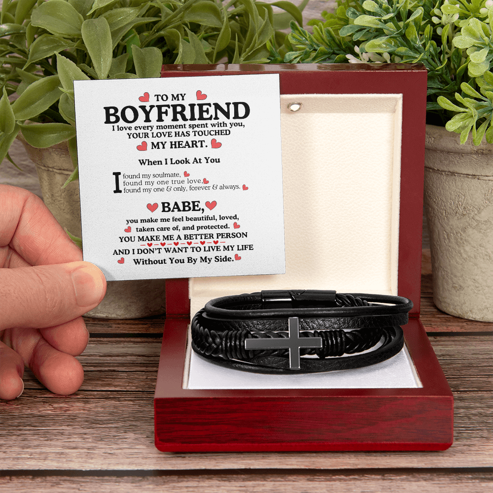 TO MY BOYFRIEND | GIFT FOR HIM | MEN'S CROSS LEATHER BRACELET